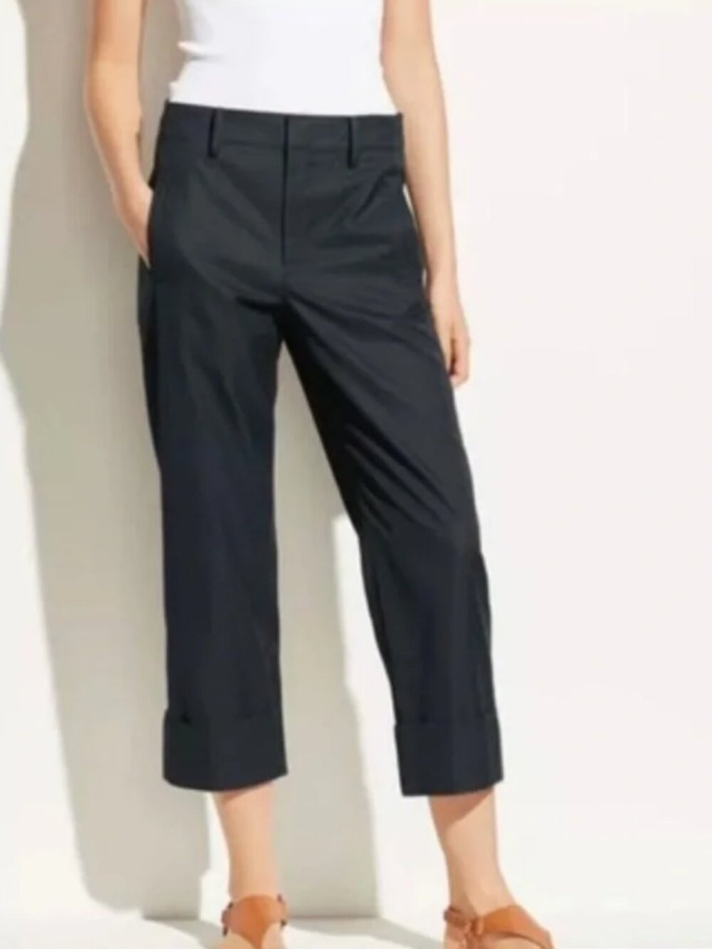 VINCE. CROPPED WIDE-CUFF CAPRI CHINOS PANTS 100% COTTON NAVY BLUE sz 2